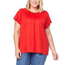 DG2 by Diane Gilman Burnout Slub Knit Smocked Neck Tee