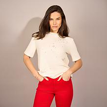 DG2 by Diane Gilman Cotton Jersey Embellished Crew-Neck Top