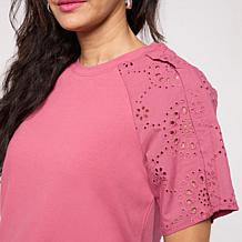 DG2 by Diane Gilman Cotton Jersey Mixed Media Eyelet Sleeve Top