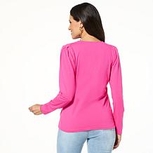 DG2 by Diane Gilman Cotton Knit Pleated Curtain Shoulder Top