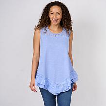 DG2 by Diane Gilman Cotton Modal Slub-Embellished Ruffle Tank Tunic