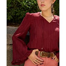 DG2 by Diane Gilman Crinkled Dobby Ruffled Flare Sleeve Blouse