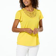 DG2 by Diane Gilman Crochet Lace Yoke Flutter Sleeve Top