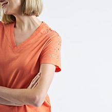 DG2 by Diane Gilman Embellished Rhinestone V-Neck Short Sleeve Tee