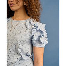 DG2 by Diane Gilman Eyelet Knit Ruffled Puff Sleeve Top