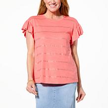 DG2 by Diane Gilman Flounce-Sleeve Top with Crystal Embellishments