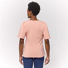 DG2 by Diane Gilman Flutter-Sleeve Shirred Waist V-Neck Knit Top