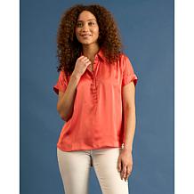 DG2 by Diane Gilman Just Like Silk Shirred Shoulder Button-Up Top