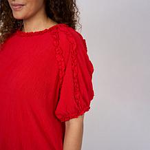 DG2 by Diane Gilman Knit Plisse Short Sleeve Ruffle Top