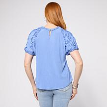 DG2 by Diane Gilman Knit Plisse Short Sleeve Ruffle Top