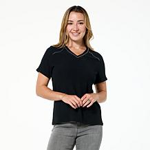 DG2 by Diane Gilman Knit Plissé V-Neck Top with Studded Trim