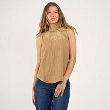 DG2 by Diane Gilman Metallic Embroidered Mixed Media Tank