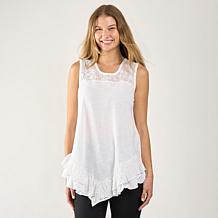 DG2 by Diane Gilman Mixed Media Eyelet Knit Ruffled Tank
