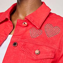 DG2 by Diane Gilman New Classic Heart Studded Stretch Denim Jacket