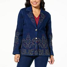 DG2 by Diane Gilman New Classic Stretch Denim Embroidered Blazer