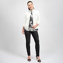 DG2 by Diane Gilman New Classic Stretch Denim Scarf Panel Back Jacket