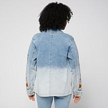 DG2 by Diane Gilman Ombre Dyed Embroidered Sleeve Denim Jacket