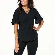 DG2 by Diane Gilman Plissé Knit Flutter-Sleeve V-Neck Top