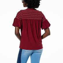 DG2 by Diane Gilman Plissé Knit Lantern-Sleeve Smocked Top