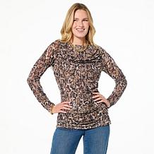 DG2 by Diane Gilman Printed Mesh Boat-Neck Top