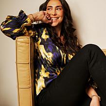 DG2 by Diane Gilman Printed Satin Hi-Low Hem V-Neck Blouse