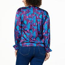 DG2 by Diane Gilman Printed Satin Hi-Low Hem V-Neck Blouse