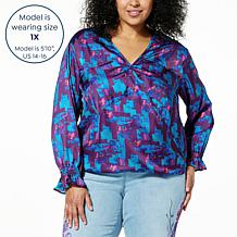 DG2 by Diane Gilman Printed Satin Hi-Low Hem V-Neck Blouse