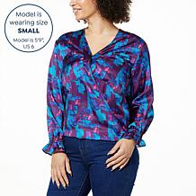 DG2 by Diane Gilman Printed Satin Hi-Low Hem V-Neck Blouse