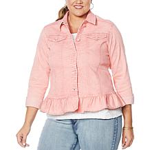 DG2 by Diane Gilman Ruffled-Hem Classic Stretch Denim Jacket