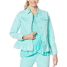 DG2 by Diane Gilman Ruffled-Hem Classic Stretch Denim Jacket