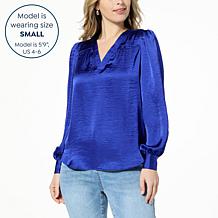 DG2 by Diane Gilman Satin V-Neck Puff-Sleeve Blouse
