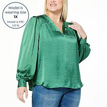 DG2 by Diane Gilman Satin V-Neck Puff-Sleeve Blouse