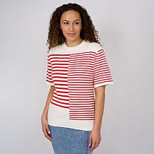 DG2 by Diane Gilman Softease Mix Stripe Short Sleeve Sweater
