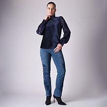 Diane Gilman Embroidered Tulle Sleeve Mock Neck Top