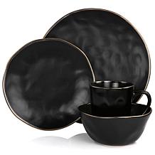 Elama Modern 16pc Stoneware Dinnerware Set in Matte Black w/ Gold Rim
