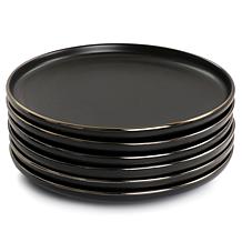 Elama Paul 6-Pc Stoneware Salad Plate Set in Matte Black with Gold Rim