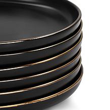 Elama Paul 6-Piece Stoneware Dinner Plate Set, Matte Black w/ Gold Rim
