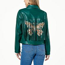 G by Giuliana Black Label Faux Leather Graphic Fringe Jacket