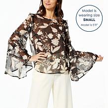 G by Giuliana Black Label Printed Chiffon Bell-Sleeve Top