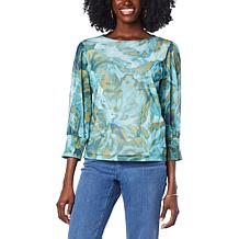 G by Giuliana Floral Print Smocked-Sleeve Mesh Knit Top