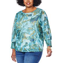 G by Giuliana Floral Print Smocked-Sleeve Mesh Knit Top