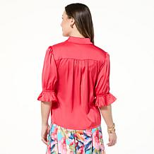 G by Giuliana Stretch Satin Flounce-Sleeve Button-Up Blouse