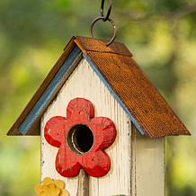 Glitzhome 10.25" Distressed Solid Wood Birdhouse with Flower