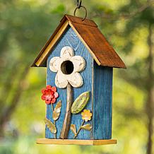 Glitzhome 10.25" Distressed Solid Wood Birdhouse with Flower