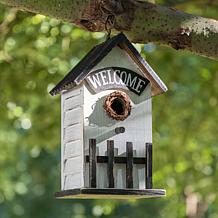 Glitzhome 11" Washed White Rustic Birdhouse with Welcome Sign