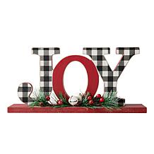 Glitzhome 11.5in. L Christmas Wooden Plaid JOY Table Decor