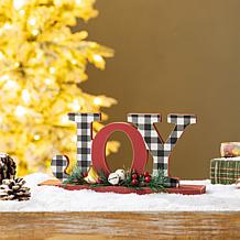 Glitzhome 11.5in. L Christmas Wooden Plaid JOY Table Decor