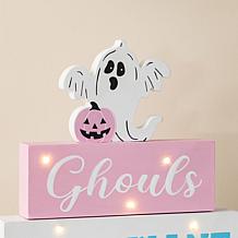 Glitzhome 11.75"H Halloween Lighted Pink Wooden Ghost Block Word Sign