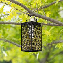 Glitzhome 11"H Black Metal Cutout Solar Hanging Lantern with LED Light