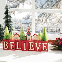 Glitzhome 14" Christmas Wooden House and Brush Trees Table Decor